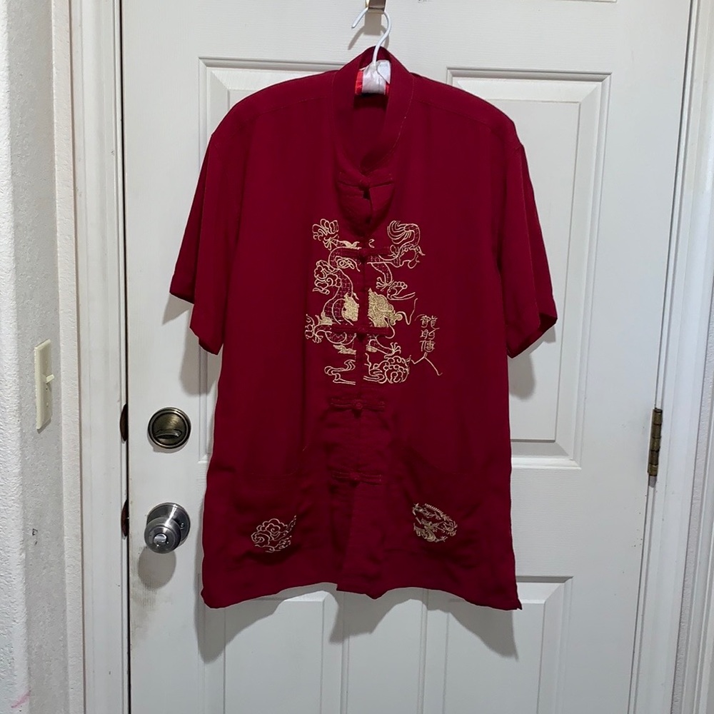 Quicksilver  Chinese Red Shirt with Embroidered Gold Dragons. XXL.